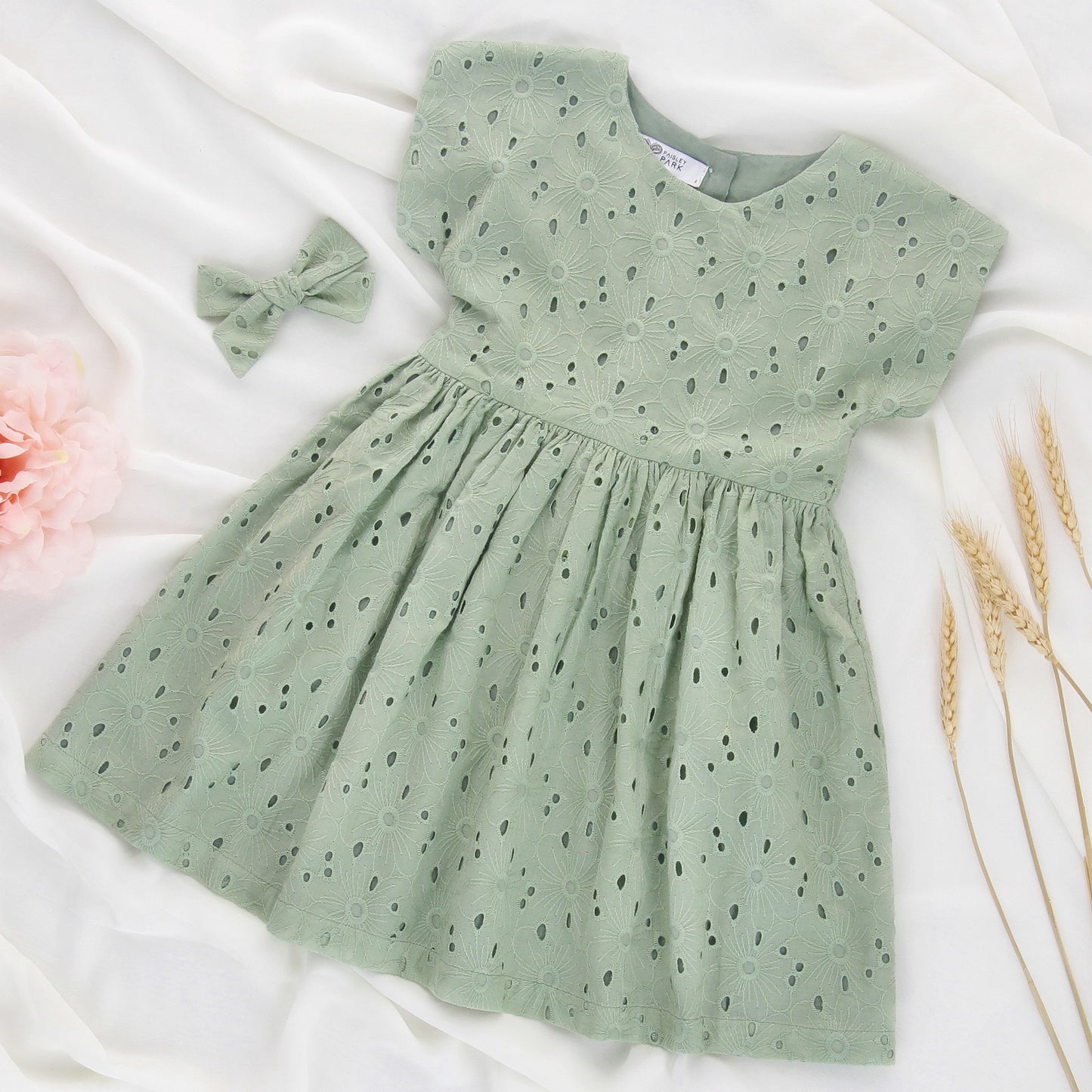 Thistle – Girls sage green broderie anglaise dress
