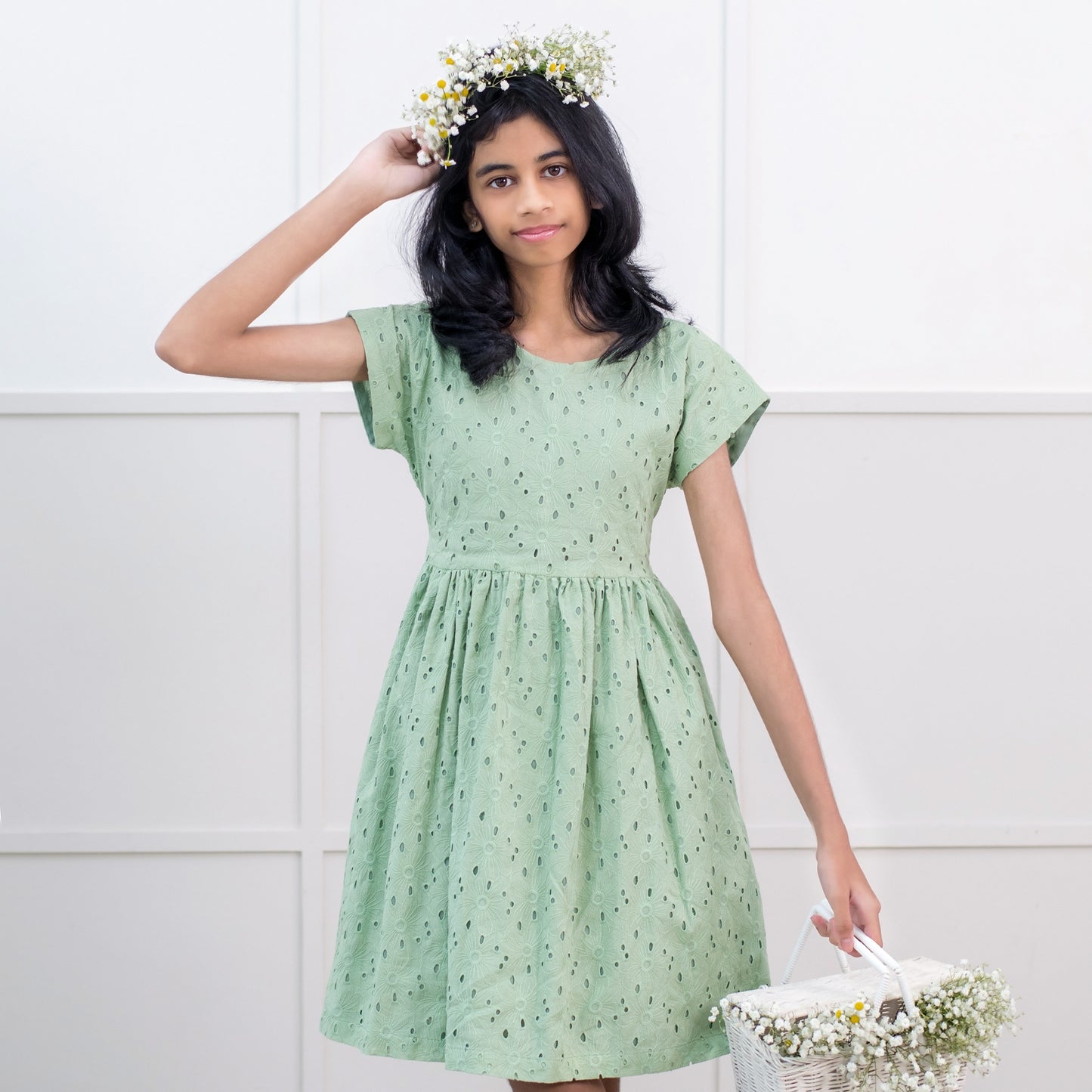 Thistle – Sage Green Broderie Anglaise Dress for Girls