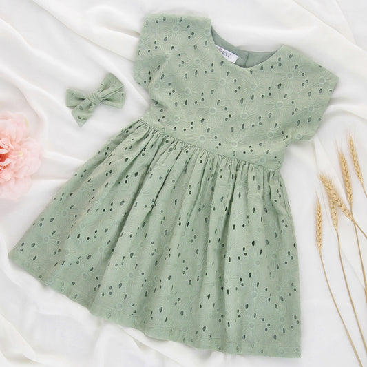Thistle – Girls sage green broderie anglaise dress